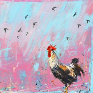 Woodpigeons and the Rooster - chicken art print