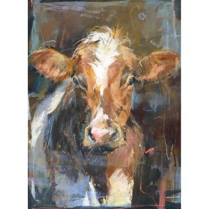 Brown & white cow in barn - Cow art print