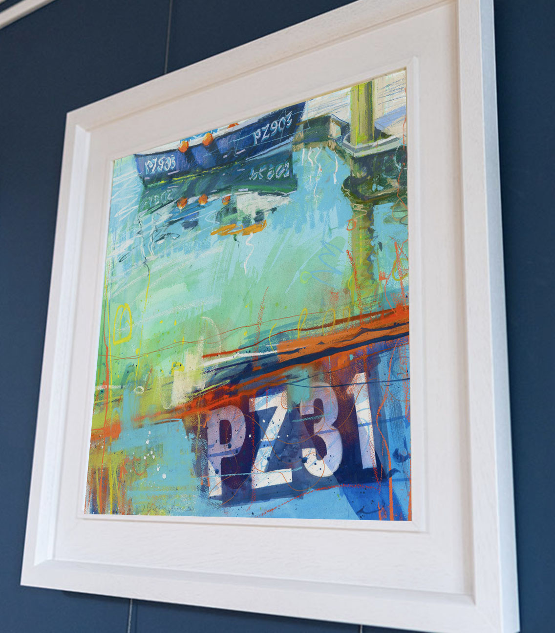 harbour on canvas in wide white frame (SP299)